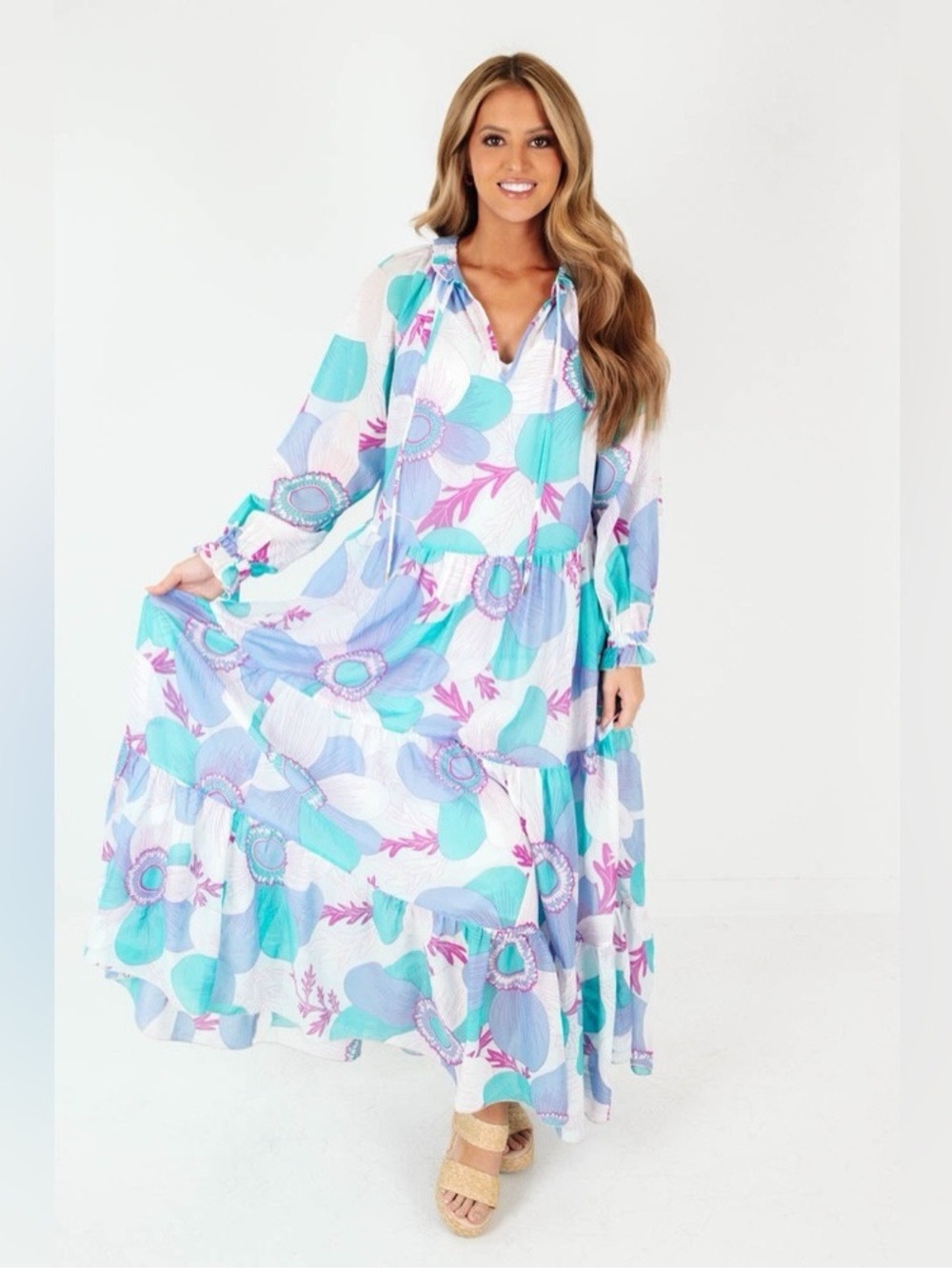 J. Marie Mia Long Sleeve Ruffle Maxi Dress Small